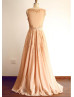 Backless Sheer See Through Back Champagne Tulle Beading Prom Dress